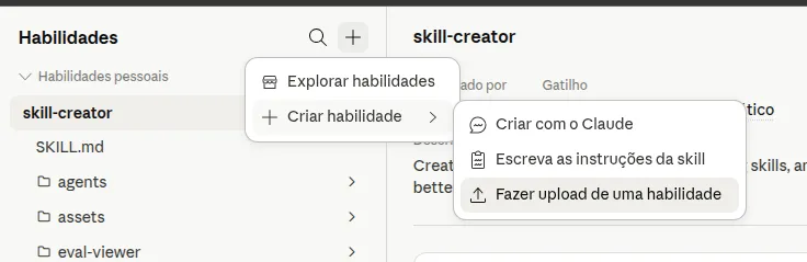 Passo 2: Criar habilidade → Fazer upload